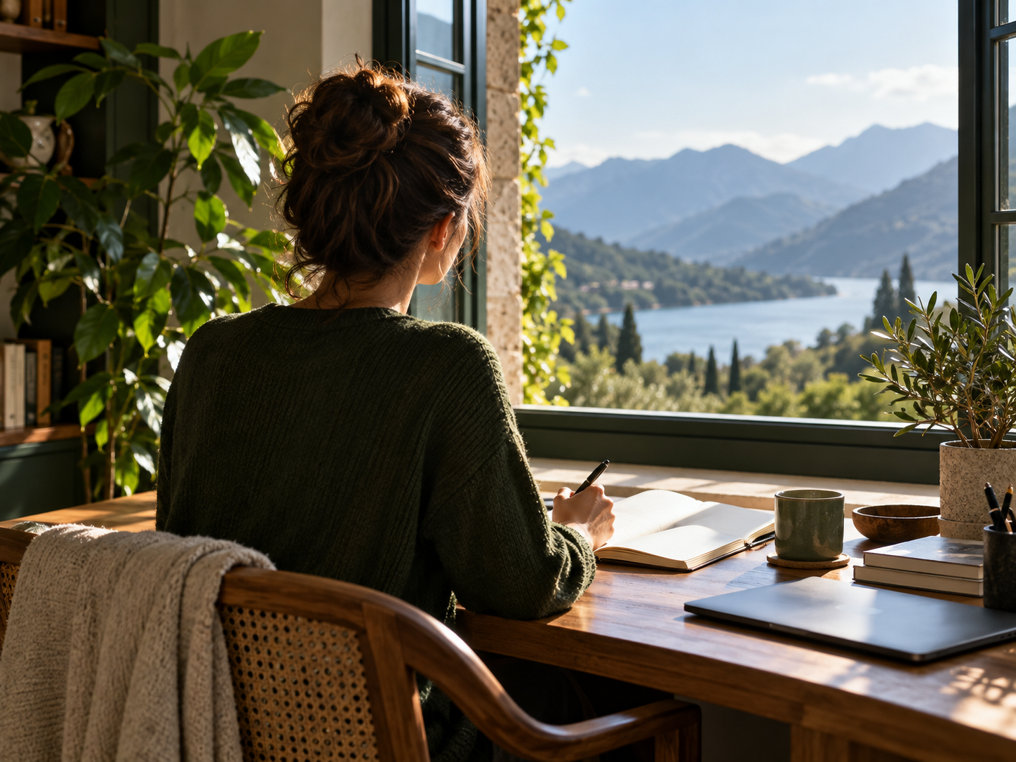 A person reflecting at a desk beside an open window