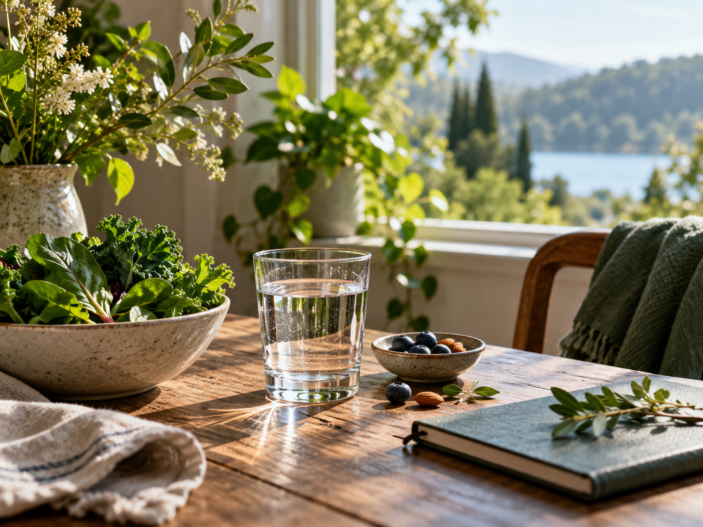 Water and nourishing food on a sunlit table